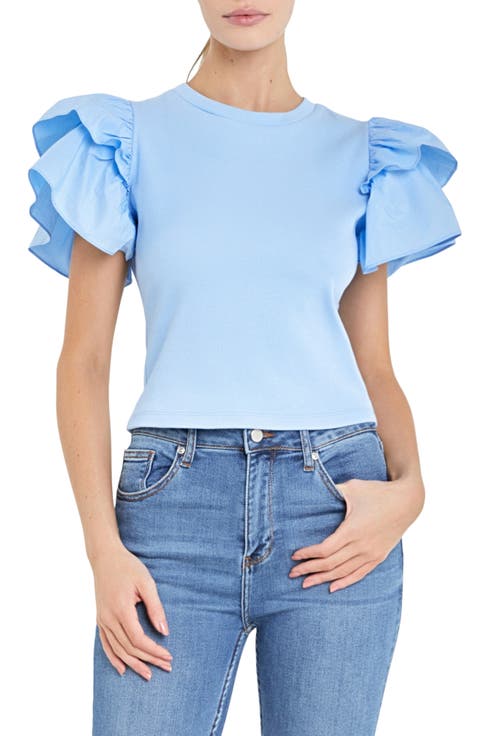 Mix Media Ruffle Sleeve Cotton Rib Top