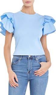 English Factory Mix Media Ruffle Sleeve Cotton Rib Top