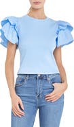 English Factory Mix Media Ruffle Sleeve Cotton Rib Top