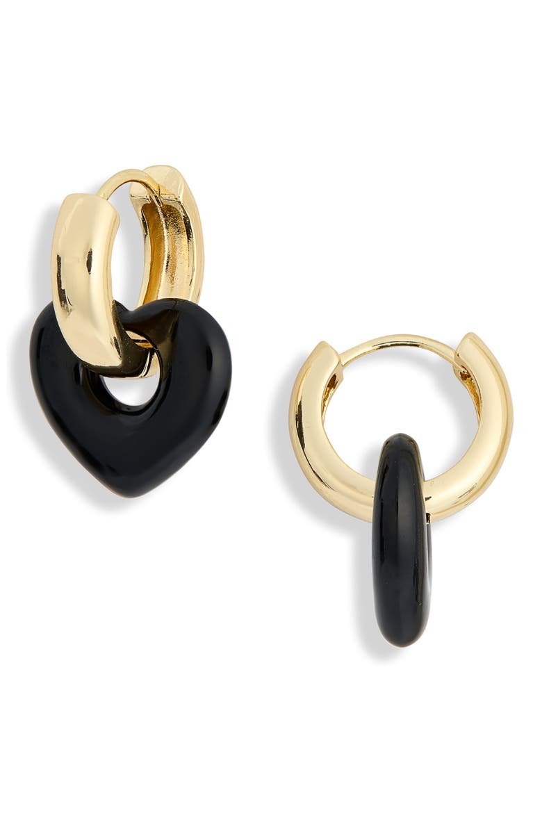 Heart Disc Huggie Hoop Earrings, Main, color, BLACK