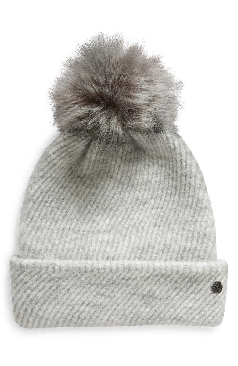Zella Cozy Heather Beanie with Faux Fur Pompom, Main, color, Grey Light Heather