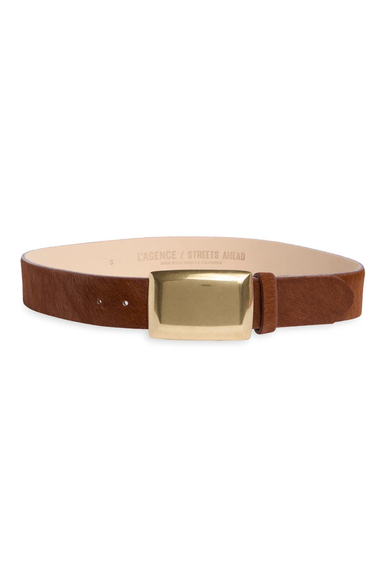 Sierra Plaque Calf Hair Leather Belt, Main, color, COGNAC CALFHAIR