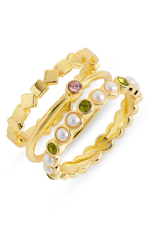 Set of Three Faux Pearl & Gem Stackable Rings