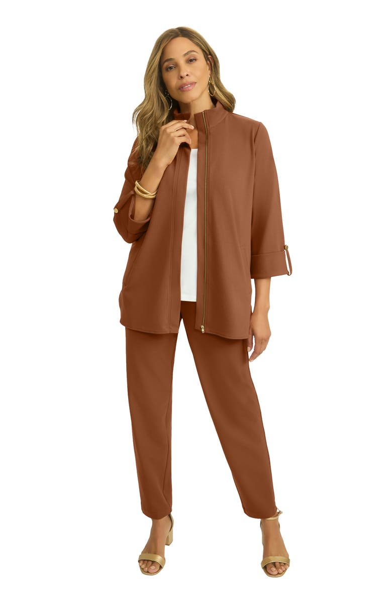 Jessica London Knit Crepe Winged Collar Set, Main, color, Cognac