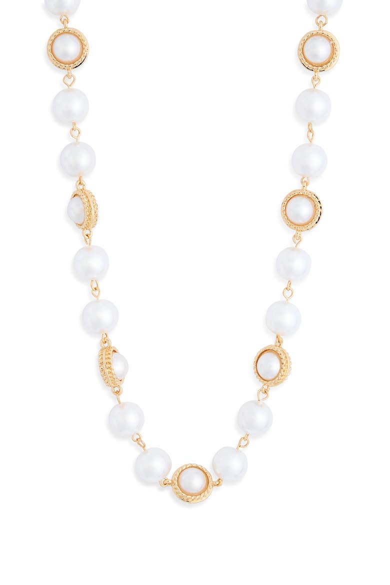 Faux Pearl Station Long Necklace, Main, color, WHITE- GOLD