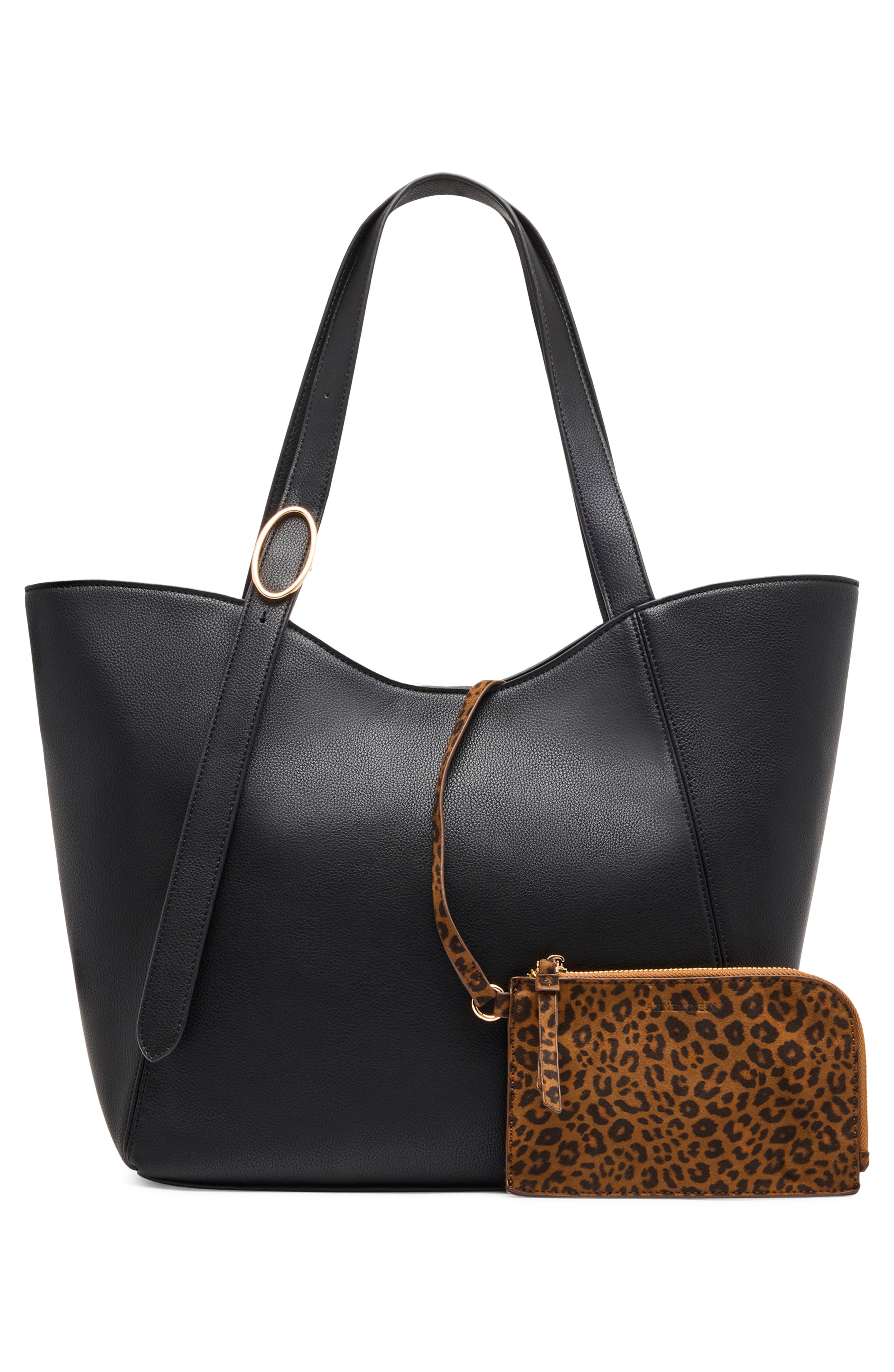 Faux Leather Tote with Pouch, Alternate, color, BLACK