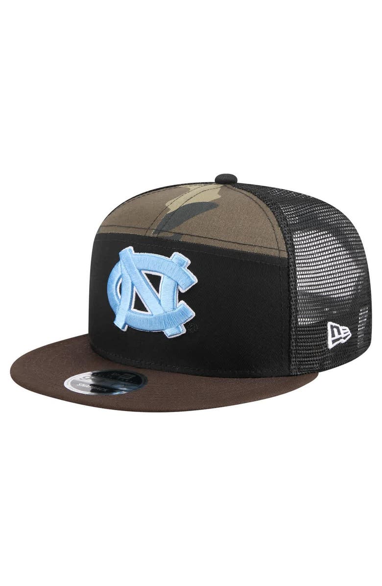 New Era Men's New Era Black/Camo North Carolina Tar Heels Outdoor Wide Panel 9FIFTY Snapback Trucker Hat, Main, color, Black