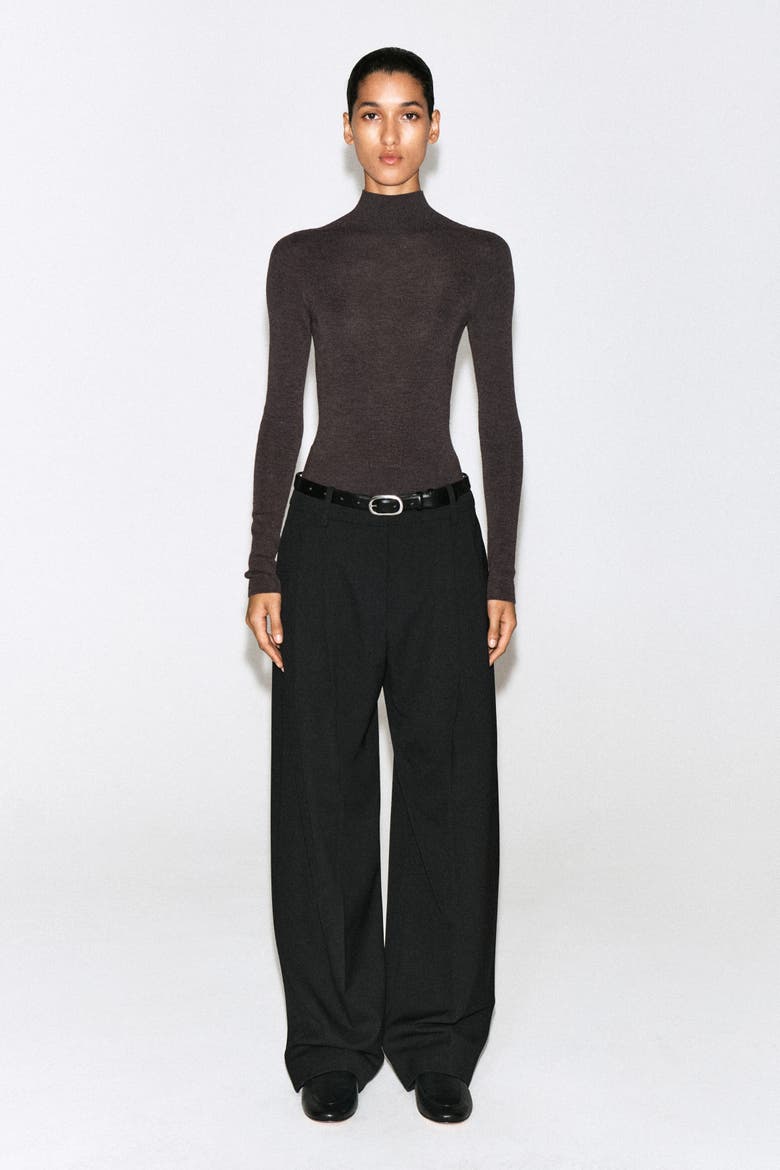 Seamless Merino Wool Mock-Neck Bodysuit, Alternate, color, BROWN MÉLANGE