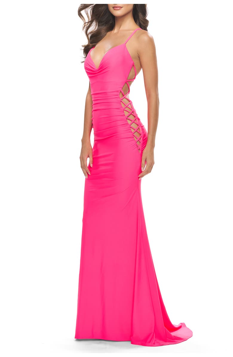 La Femme Unique Jersey Dress with Open Criss Cross Sides in Neon, Alternate, color, Neon Pink