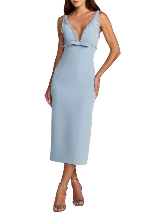 Plunging Beaded Bow Trim V Neck Fitted Midi Dress