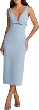 Mac Duggal Plunging Beaded Bow Trim V Neck Fitted Midi Dress
