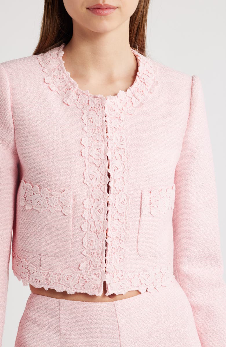 LoveShackFancy Leilana Lace Accent Crop Jacket, Alternate, color, Strawberry Spritz