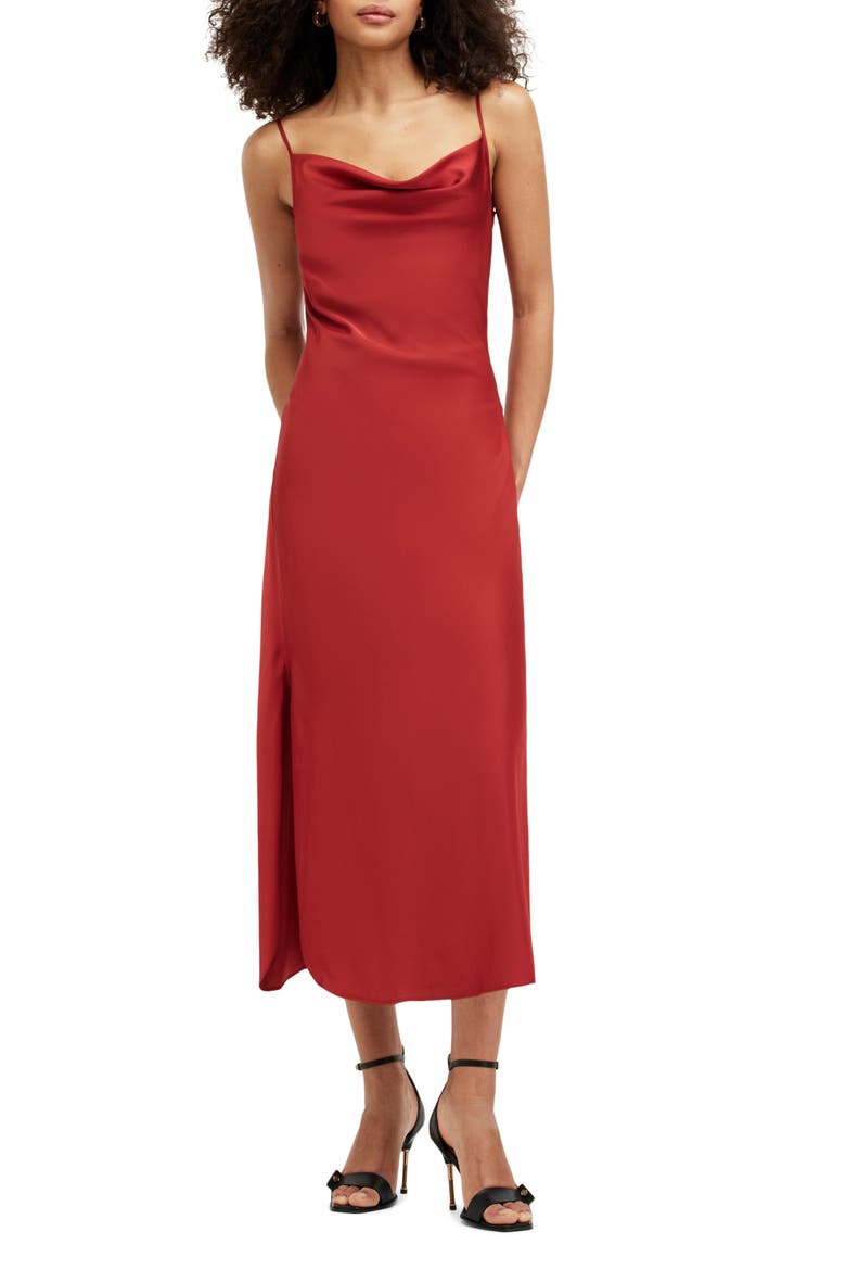 Hadley Cowl Neck Stretch Satin Slipdress, Main, color, SAVVY RED