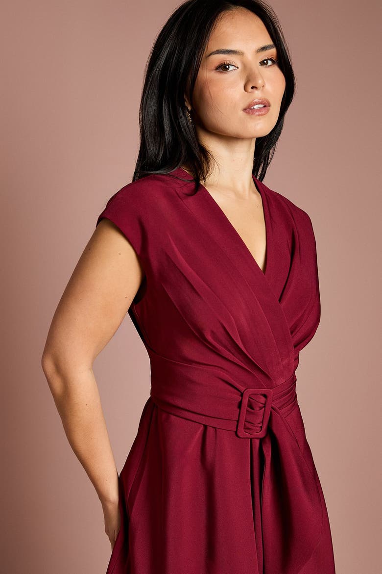 Petite Belted Crepe Dress, Alternate, color, Wine