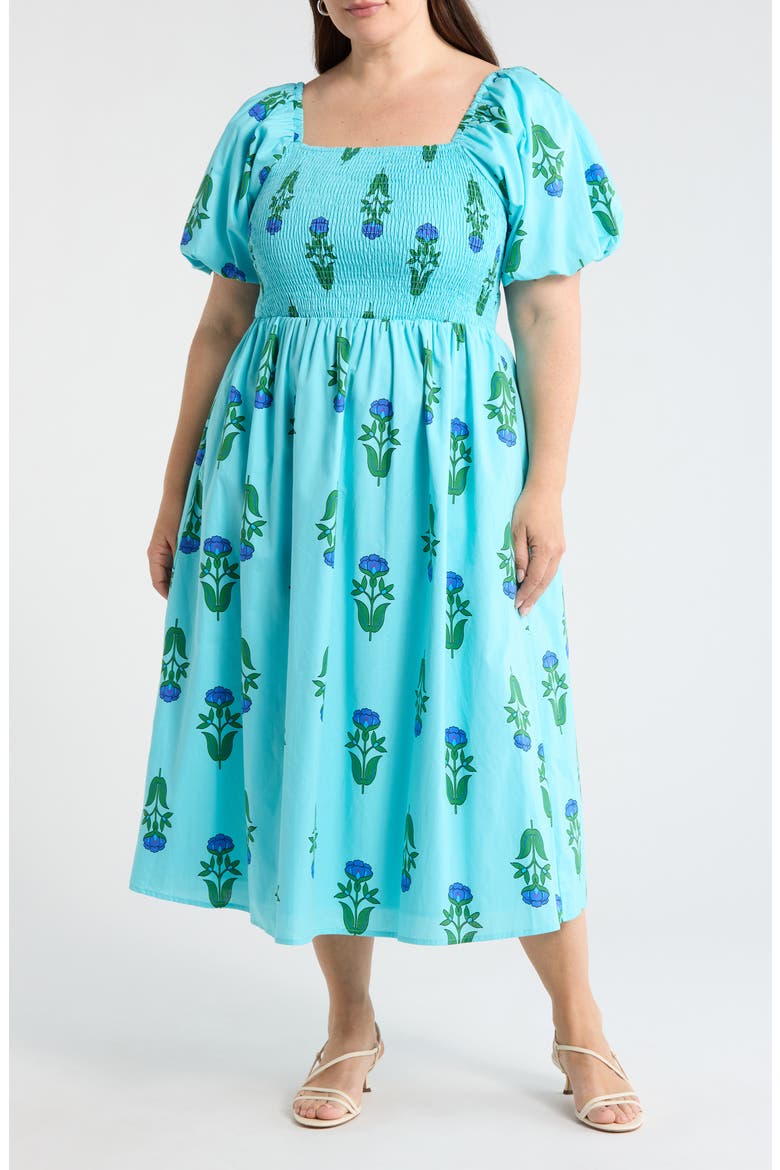 Maray Floral Smocked Midi Dress, Main, color, BLUE GREEN MULTI