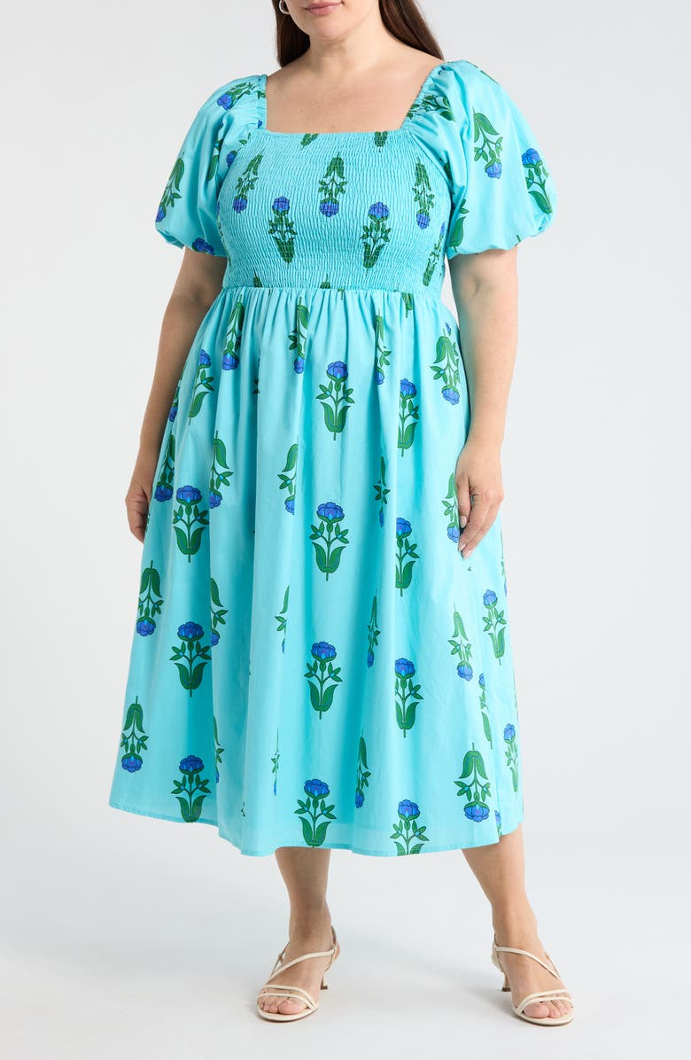 SUGARLIPS Maray Floral Smocked Midi Dress, Main, color, Blue Green Multi