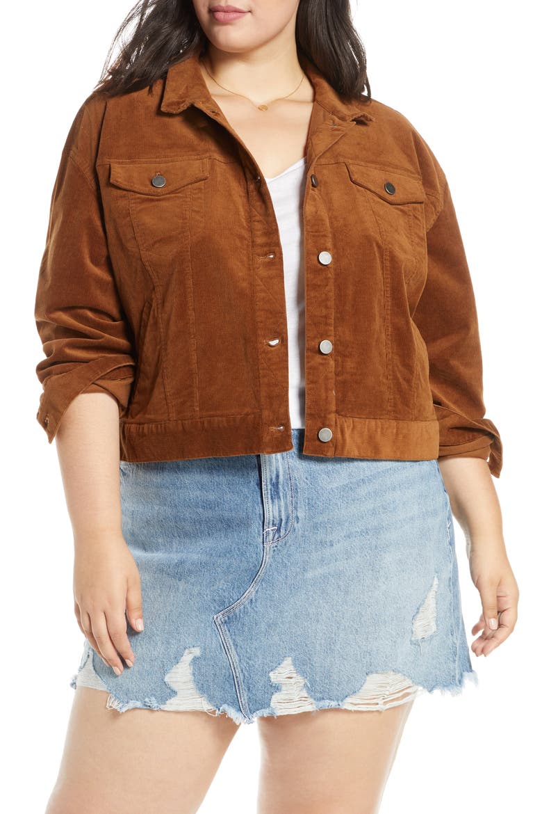 Corduroy Crop Trucker Jacket, Main, color, BROWN DACHSHUND