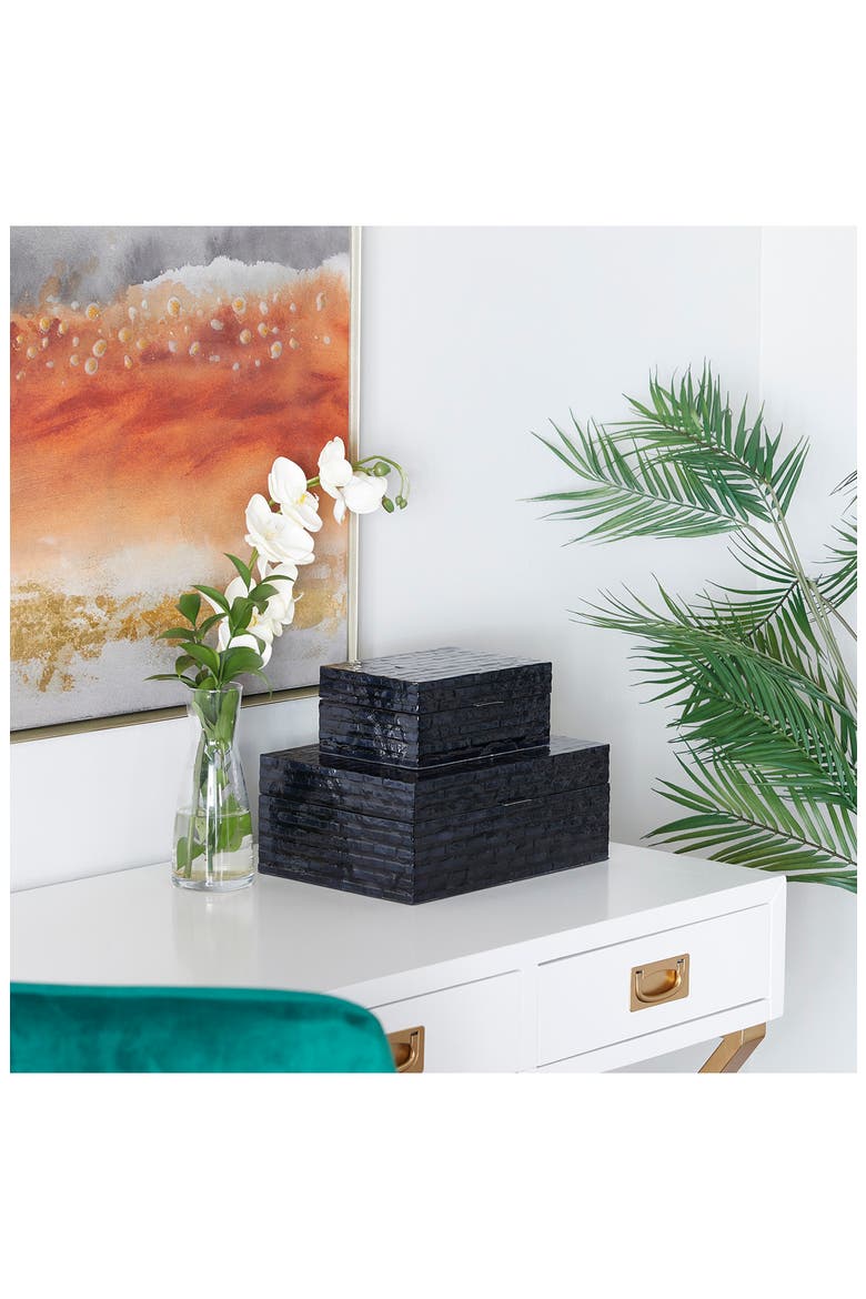Black Mother of Pearl Handmade Box with Hinged Lid - Set of 2, Alternate, color, BLACK