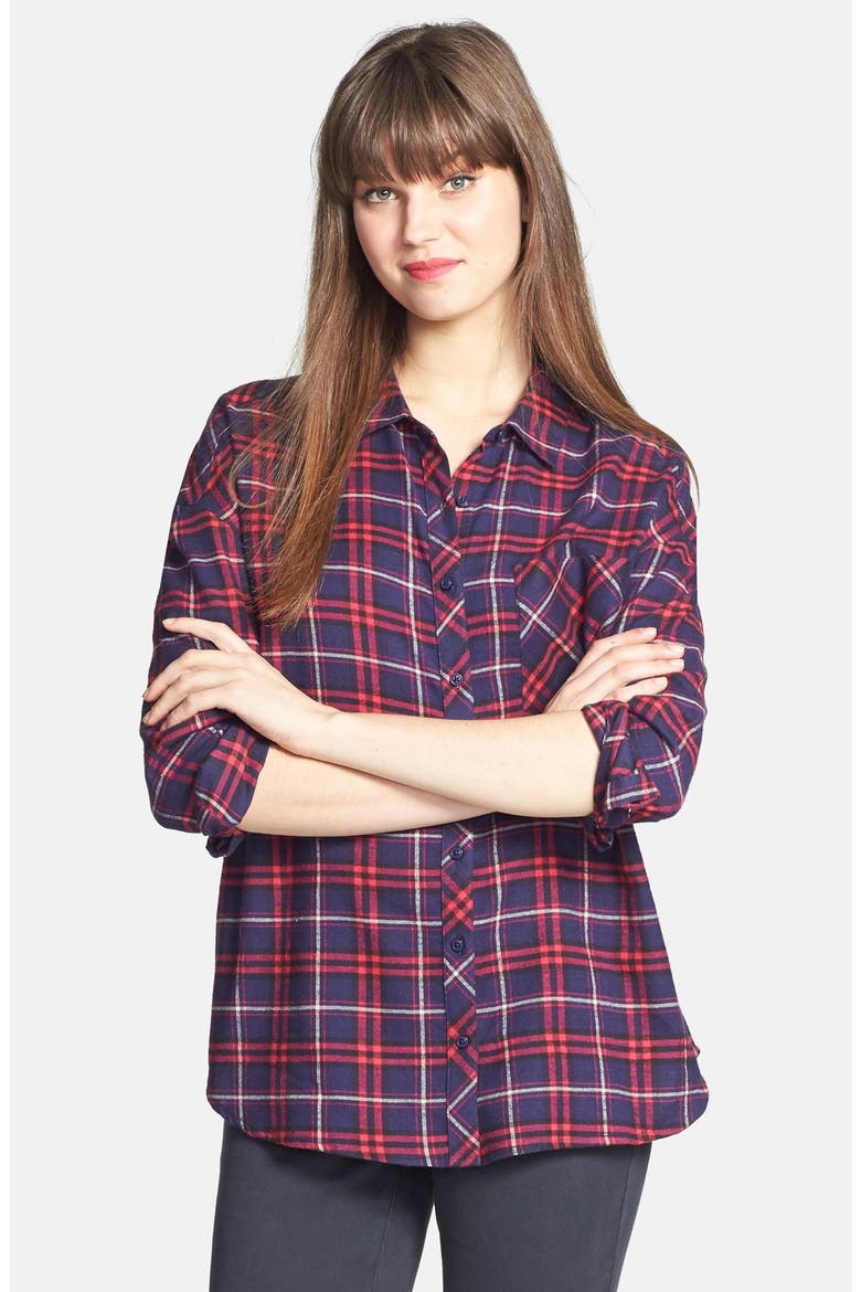 Plaid Cotton Flannel Shirt, Main, color, NAVY COMBO