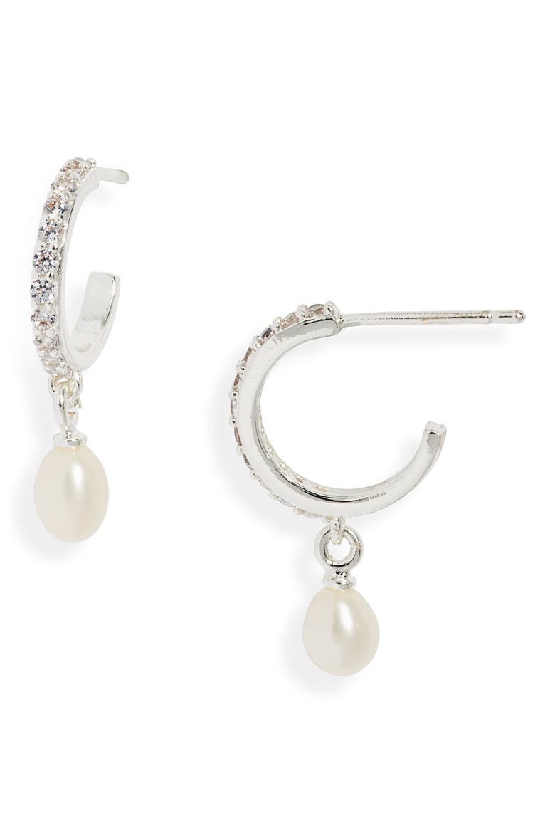 Pearl Charm Cubic Zirconia Hoop Earrings, Main, color, SILVER