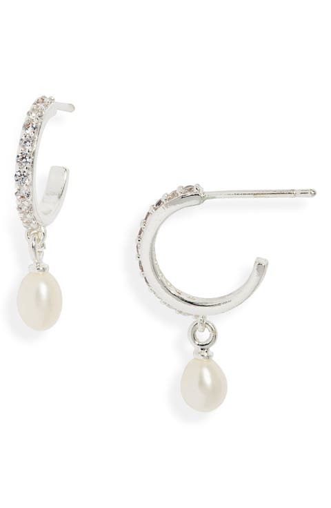 Pearl Charm Cubic Zirconia Hoop Earrings