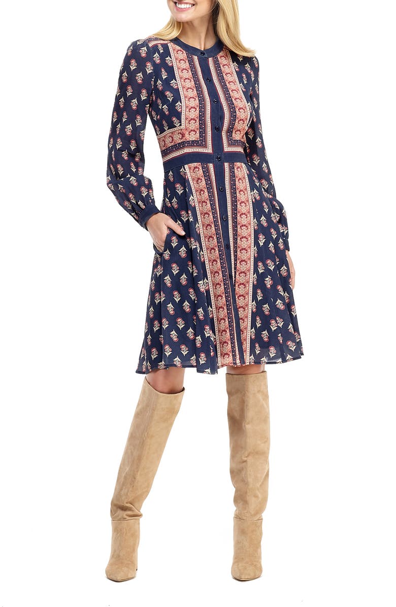 Gal Meets Glam Collection Print Button Front Long Sleeve Dress, Main, color,