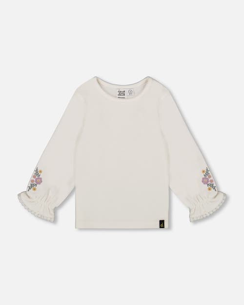 Deux Par Deux Jersey Top With Embroidered Floral Sleeves In White