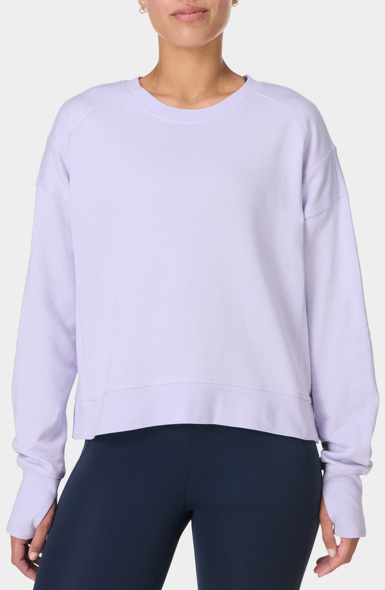 Sweaty Betty After Class Cotton Blend Crop Sweatshirt, Main, color, Heather Purple