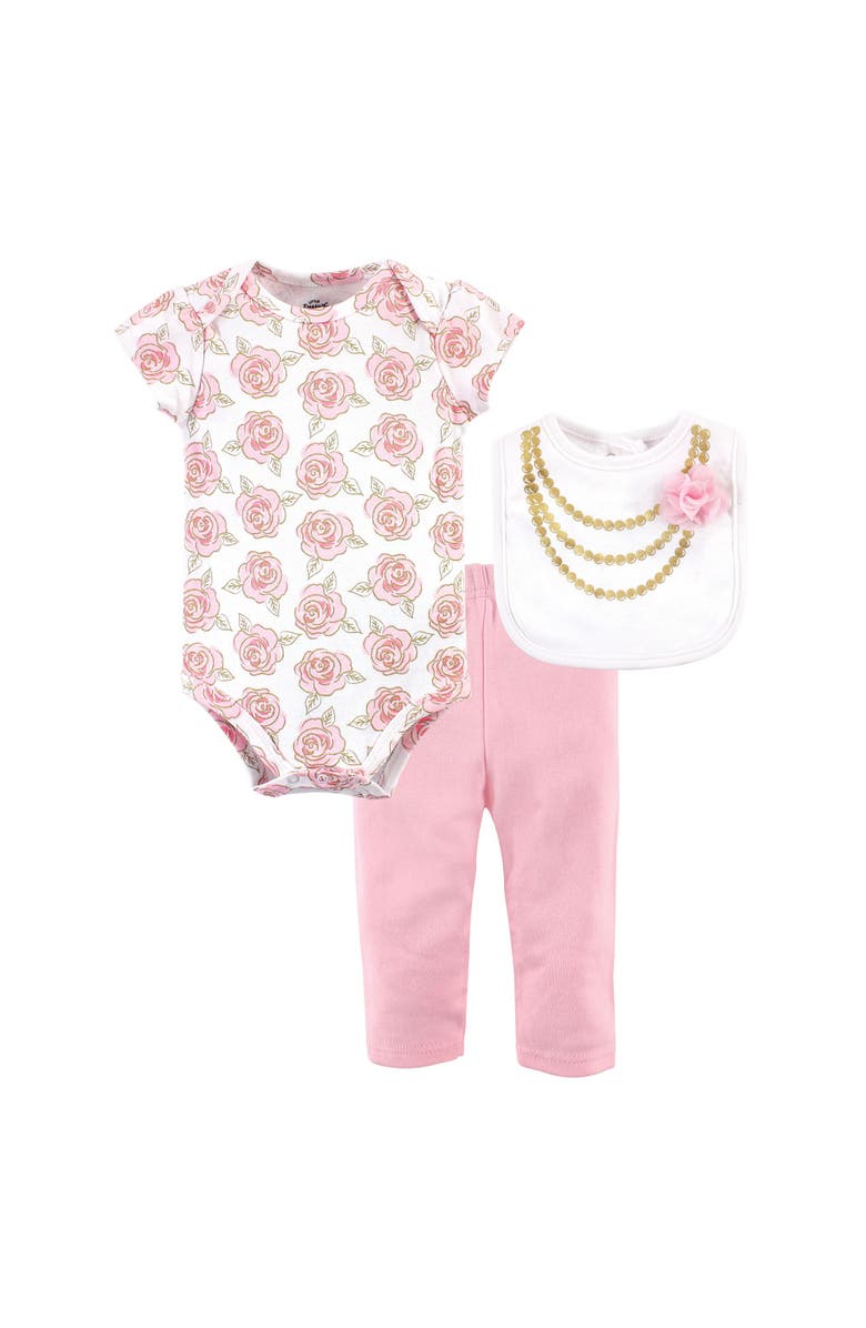 Little Treasure Coordinated Bodysuit, Pant, and Bib Collection, Main, color, Gold Roses