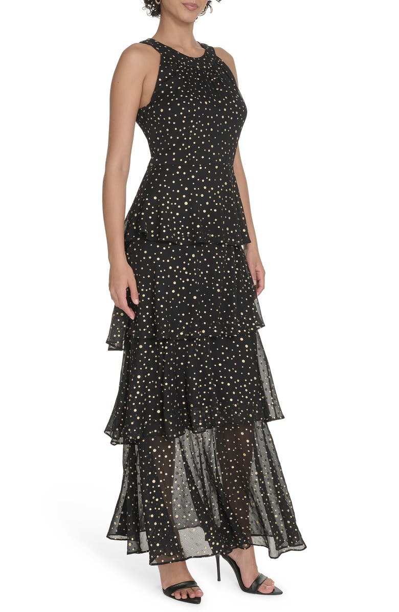 Tommy Hilfiger Metallic Dot Sleeveless Tiered Chiffon Maxi Dress, Alternate, color, Black/ Gold