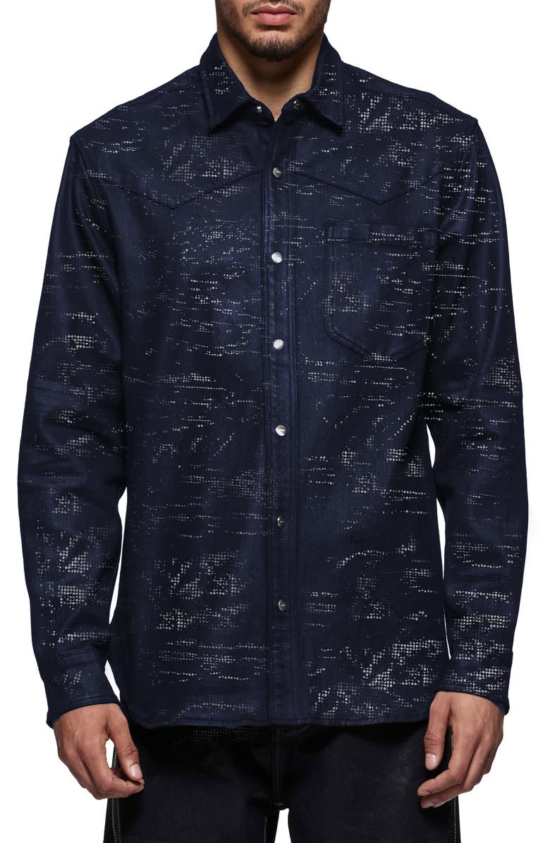 PURPLE BRAND Tiled Overlay Denim Snap Front Shirt, Main, color, Dark Indigo