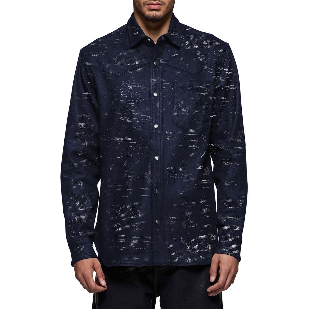 Purple Brand Tiled Overlay Denim Snap Front Shirt In Dark Indigo
