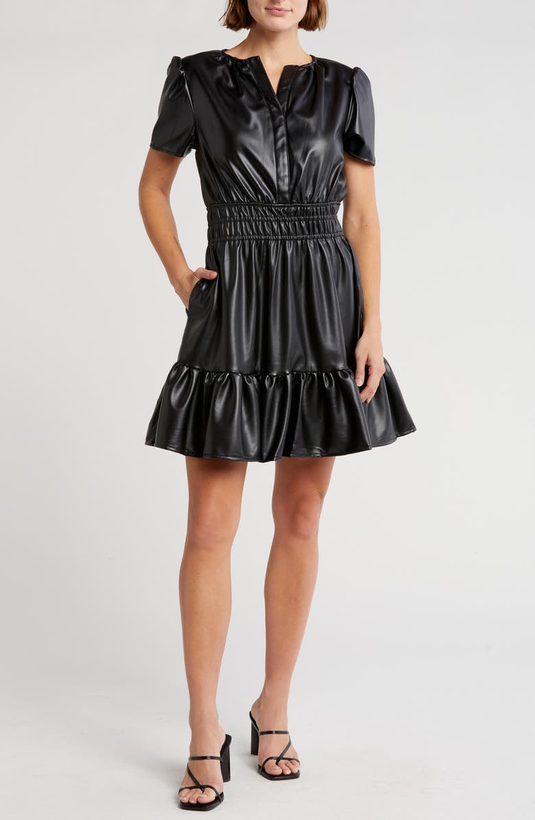 Grey Collective Split Neck Short Sleeve Faux Leather Minidress, Main, color, 