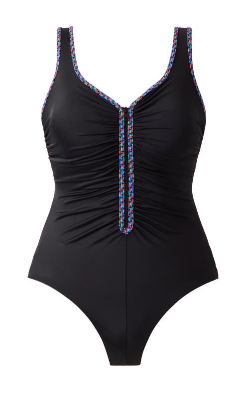 Shapesolver Sport Shirred Zipper Tank Chlorine Resistant One-piece Swimsuit In Black