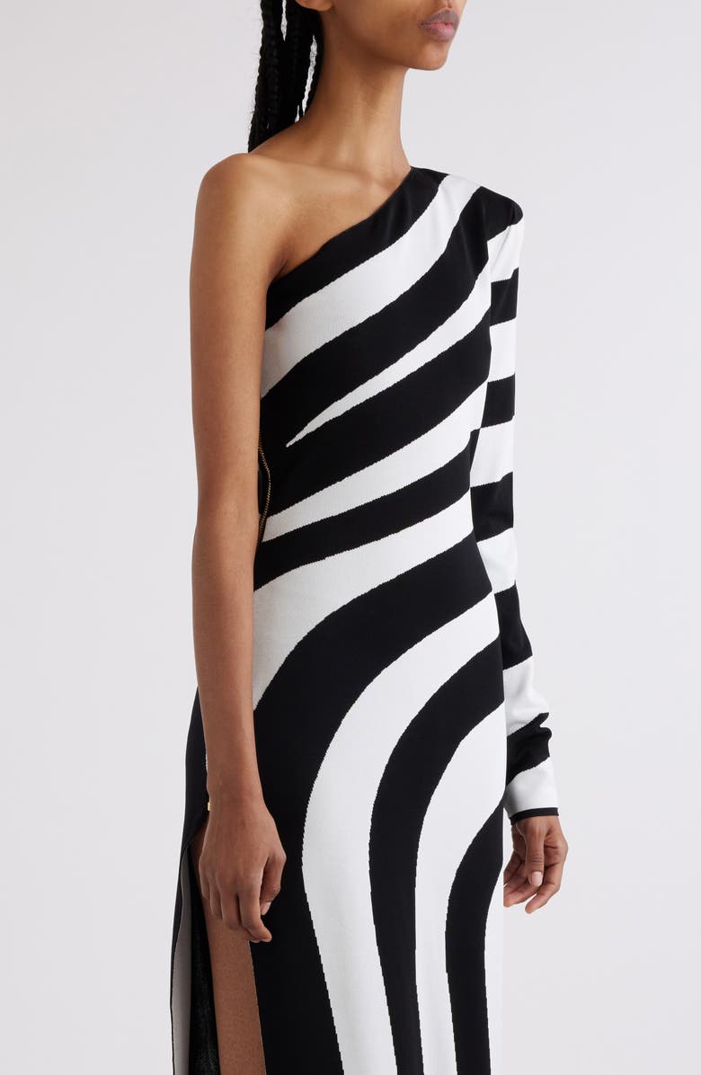 Balmain Stripe One-Shoulder Maxi Dress, Alternate, color, Eab Black/ White