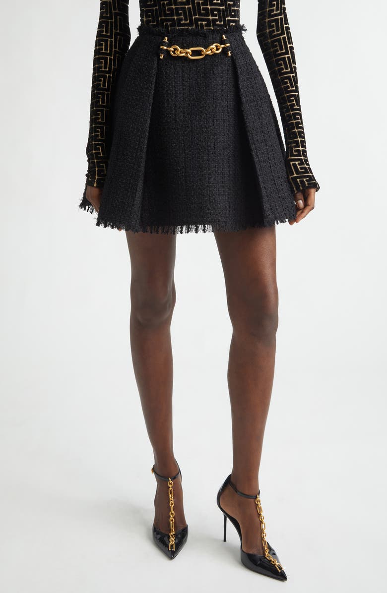 Balmain Chain Tweed A-Line Miniskirt, Main, color, 0Pa Black