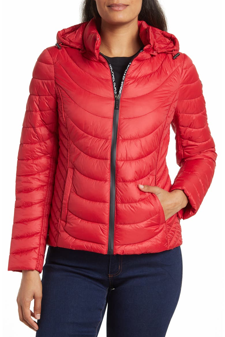 Contrast Packable Hooded Down Jacket, Main, color, CRIMSON