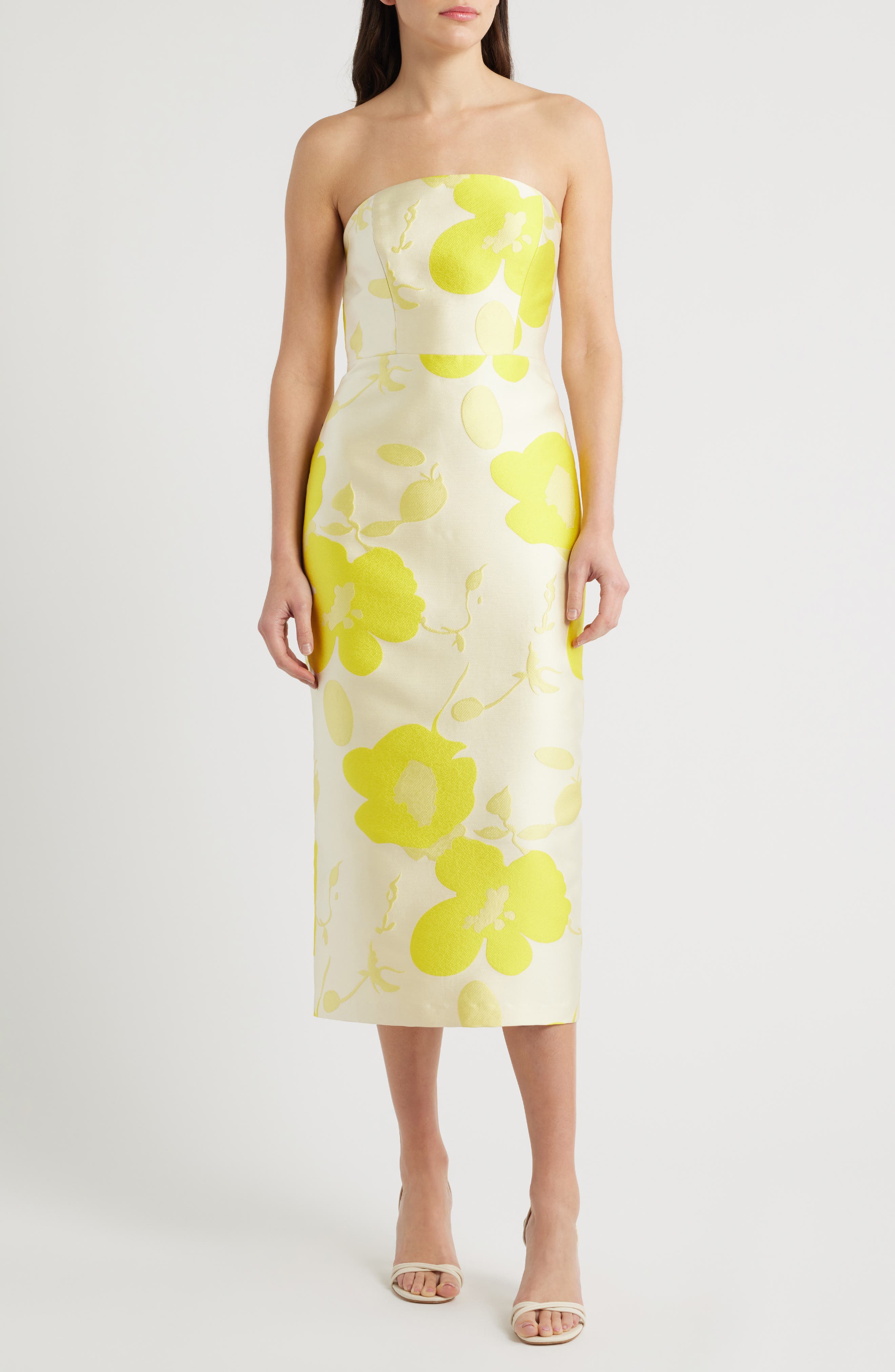 Floral Strapless Jacquard Midi Dress