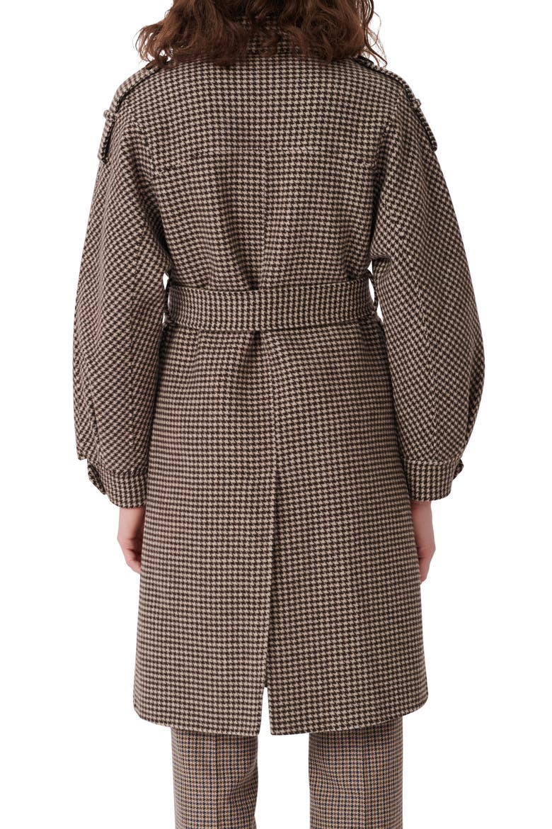 Houndstooth Check Belted Wool Blend Coat, Alternate, color, BROWN