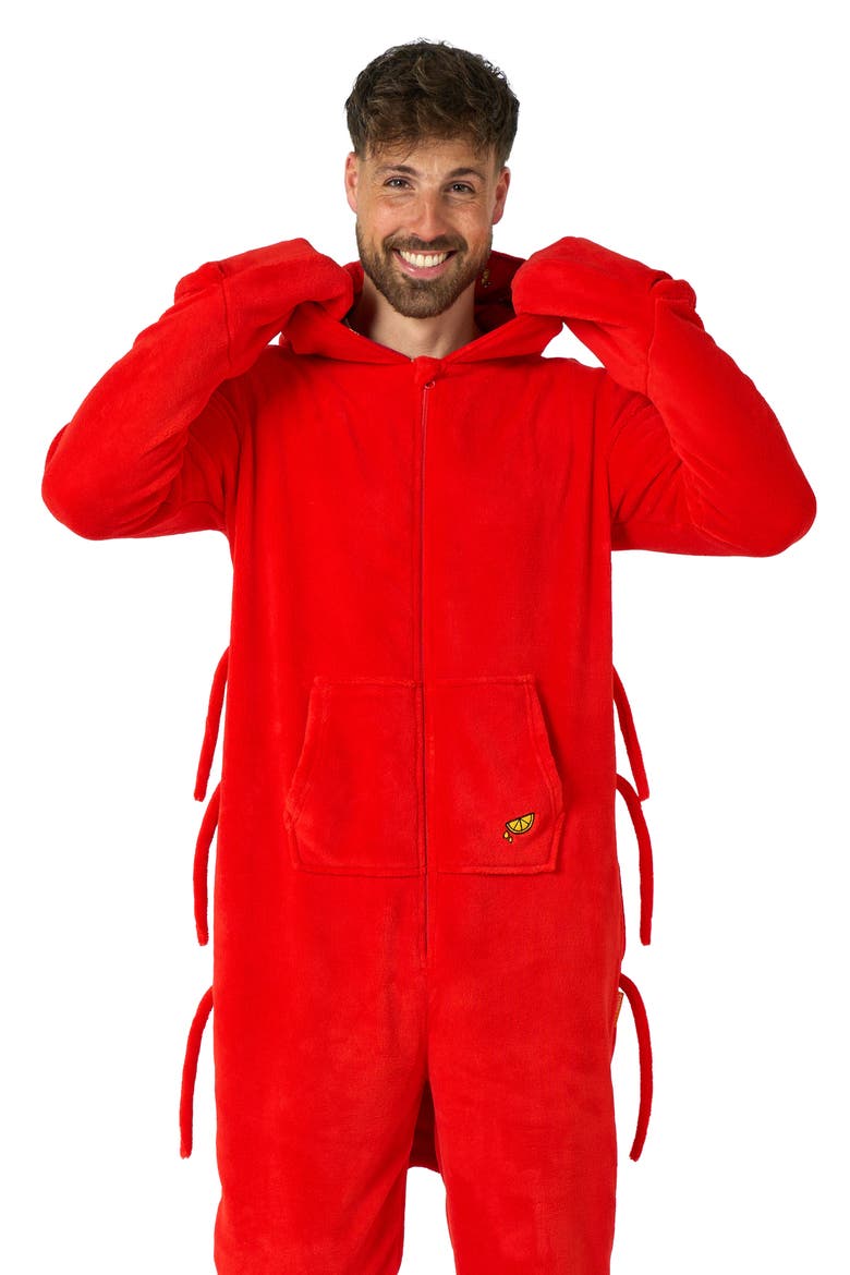 Lobster Hooded Fleece Costume Jumpsuit, Alternate, color, RED