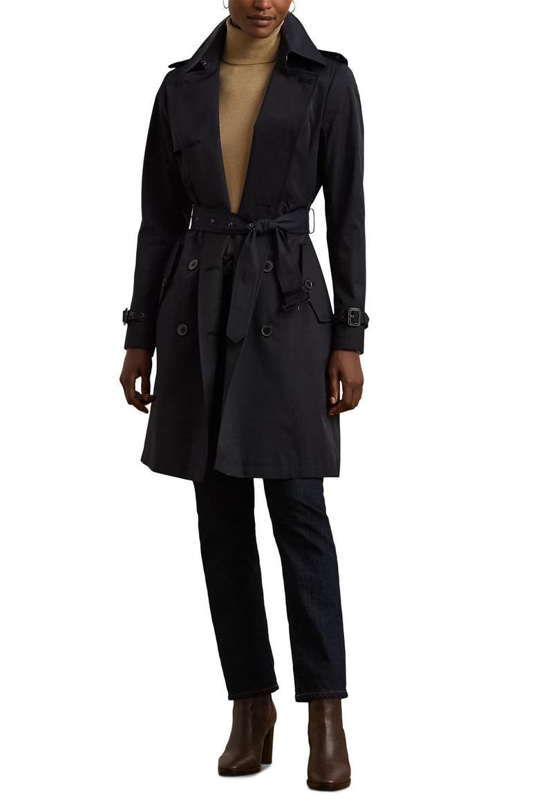 Double Breasted Belted Cotton Blend Trench Coat, Alternate, color, DK NAVY