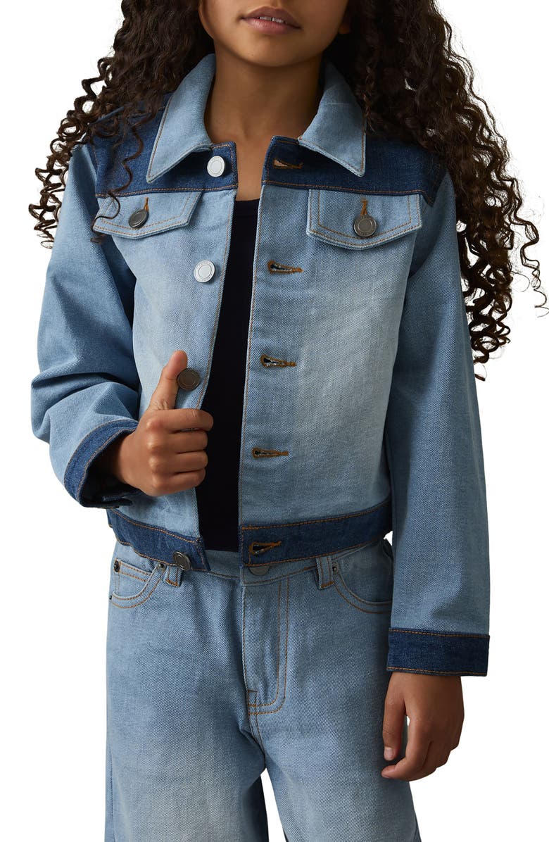Reiss Kids' Briar Colorblock Denim Jacket, Alternate, color, Blue