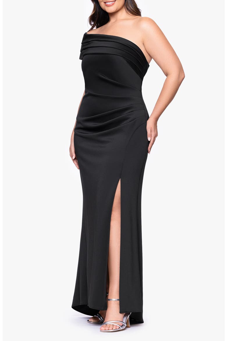 Pleated One-Shoulder Mermaid Gown, Alternate, color, BLACK
