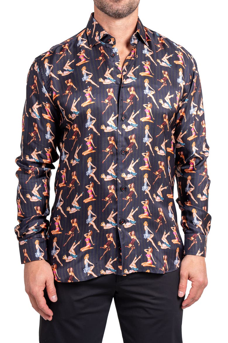 Fibonacci Ascension 0221 Pin-Up Print Contemporary Fit Button-Up Shirt, Main, color, BLACK