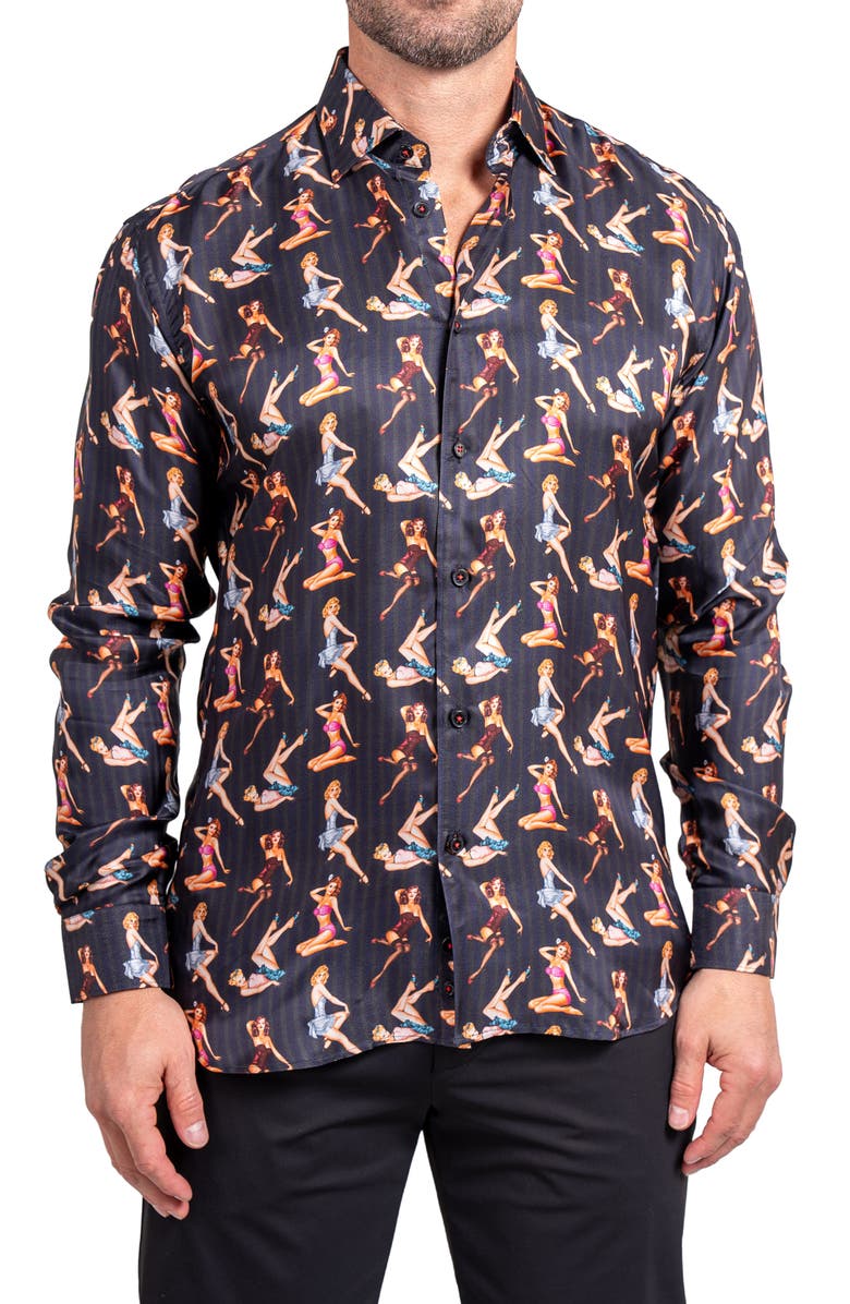 Maceoo Fibonacci Ascension 0221 Pin-Up Print Contemporary Fit Button-Up Shirt, Main, color, Black