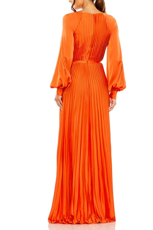 Mac Duggal Long Blouson Sleeve Pleated High Neck Gown In Sunset