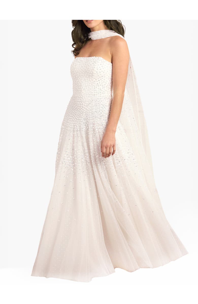 Needle & Thread Sunrise Sequin Strapless Cape Gown, Main, color, Swan White