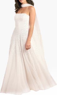 Needle & Thread Sunrise Sequin Strapless Cape Gown