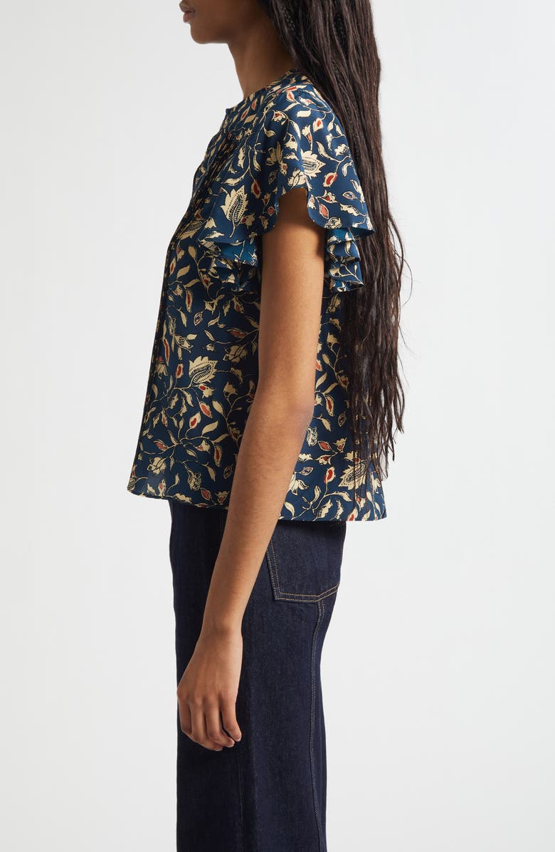 Ulla Johnson Adoni Floral Silk Split Neck Top, Alternate, color, Midnight Garden