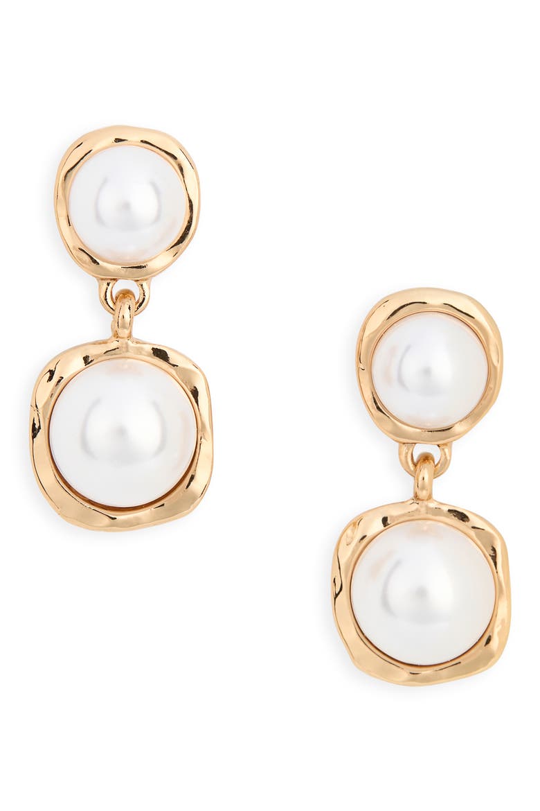 Double Faux Pearl Drop Earrings, Main, color, GOLD